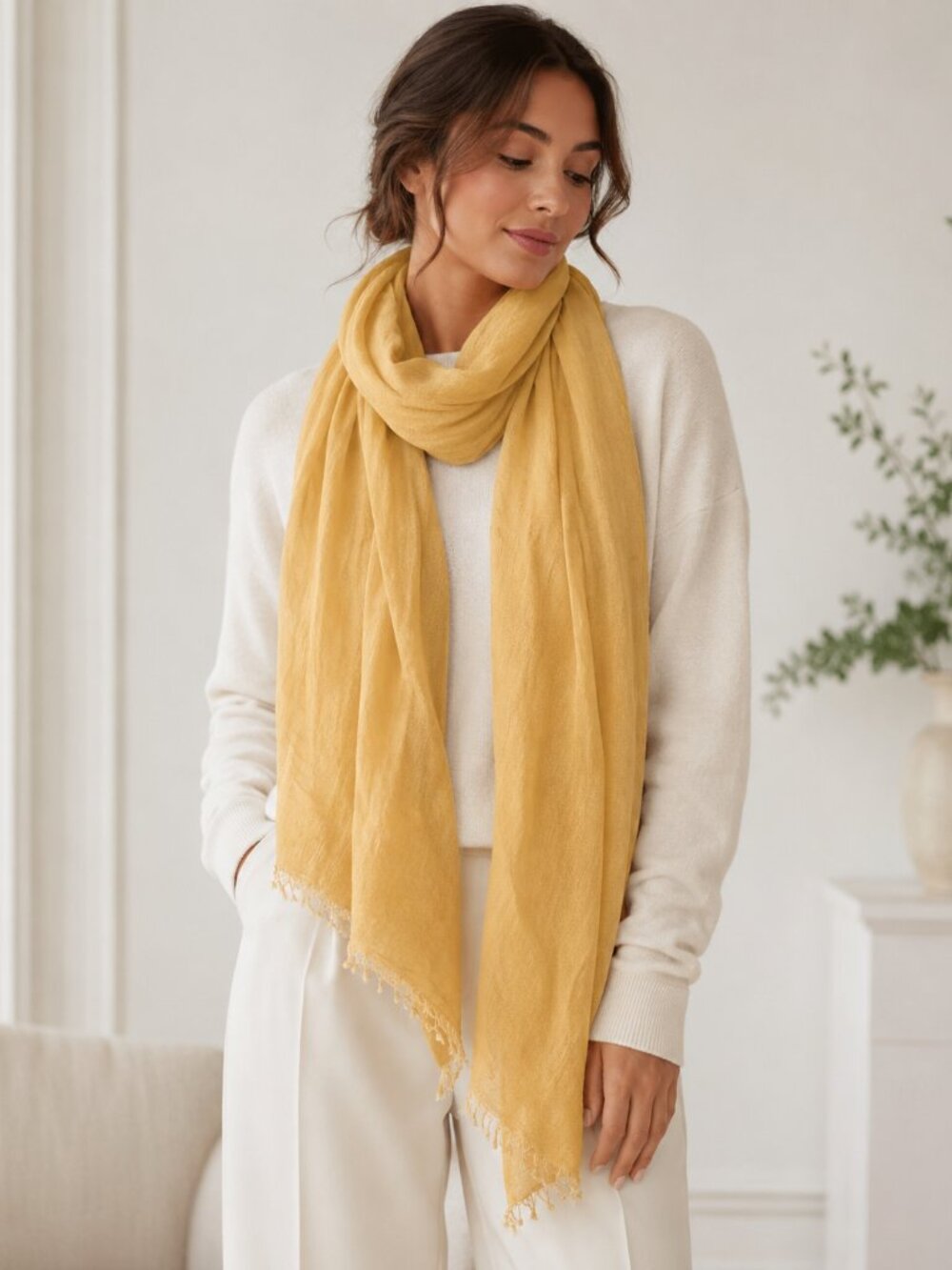 Eileen Fisher Yellow Modal Scarf Shawl Wrap 35"x85" Cozy Lightweight Versatile